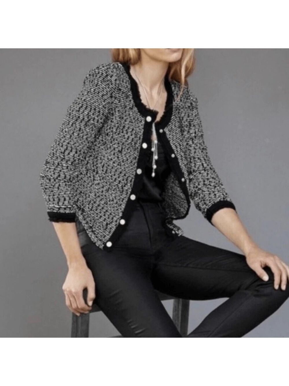 WHBM Women’s‎ S Crop Sweater Jacket Dark Coquette Tweed Black Ecru Goth Office